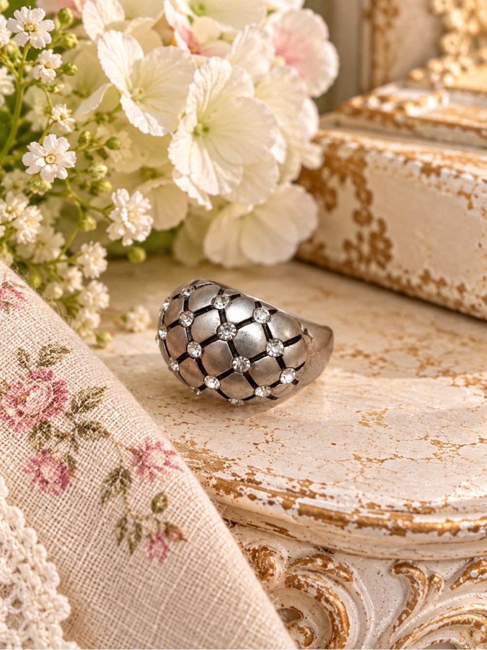 925 Sterling Silver Quilted Dome Ring Size 7.5 Statement Grid Band